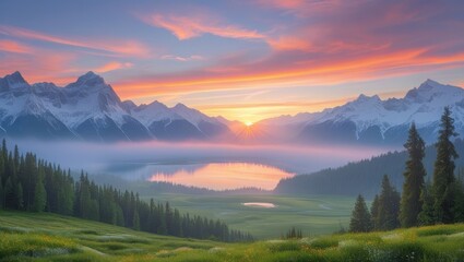Obraz premium Majestic Sunrise Over Misty Mountain Lake And Meadow