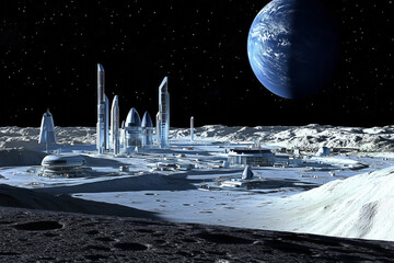 Human colony on the Moon against the background of the Earth in space