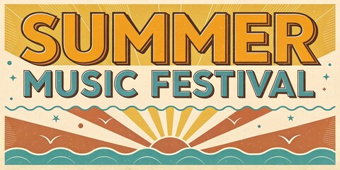 Retro-Inspired Summer Music Festival Poster with Sun, Waves, and Seagulls in Warm and Vibrant Colors - Perfect for Promoting an Exciting Summer Event