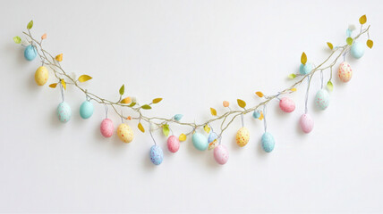 Colorful Easter eggs hanging on a string against a white background