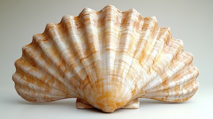 Obraz premium Close-up of a large, light brown seashell with ridged texture, isolated on a neutral background.