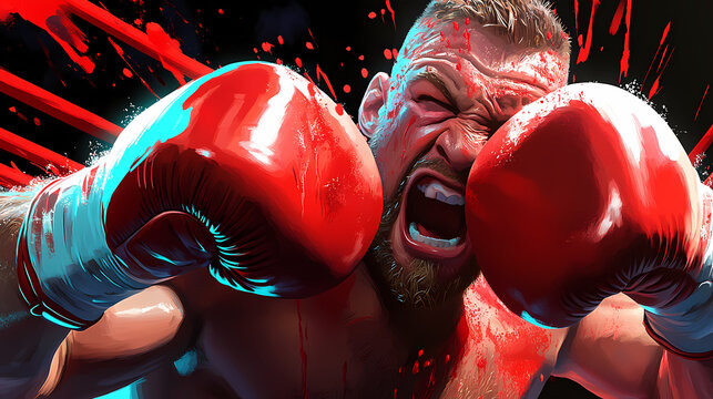 Dramatische Illustration eines intensiven Boxkampfes mit leuchtenden Farben
