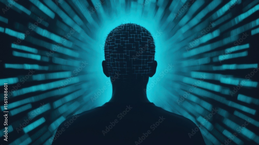 Poster silhouette of person with digital pattern emanating from head, creating futuristic atmosphere. vibra