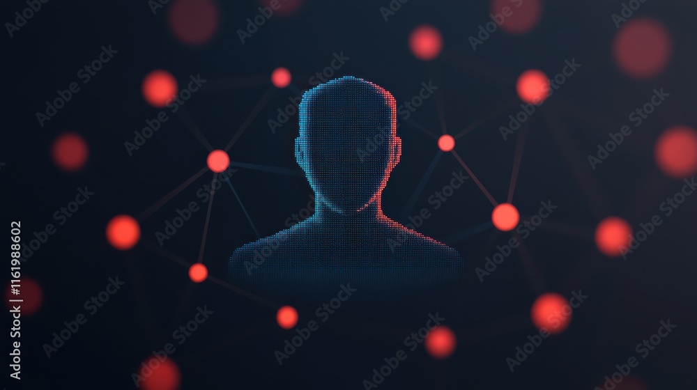 Poster digital silhouette representing leadership and connection, surrounded by glowing nodes. this symboli