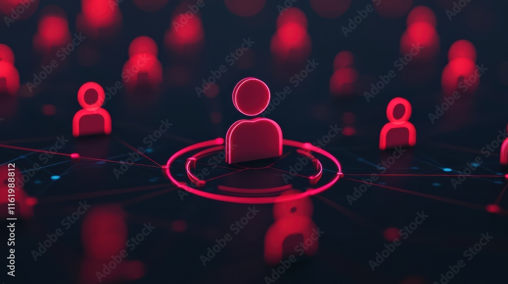 Poster glowing leader at core surrounded by network of connections, symbolizing teamwork and collaboration 