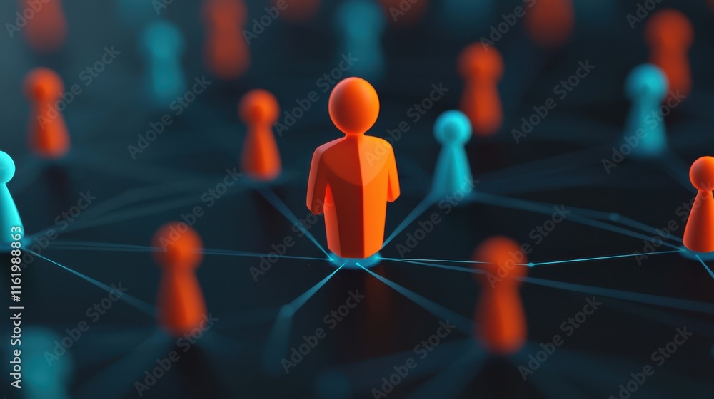 Poster glowing leader at core surrounded by network of connections, symbolizing teamwork and collaboration 