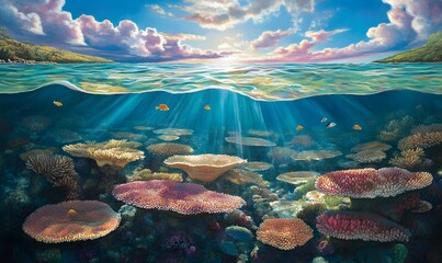 Vibrant coral reef underwater scene with sunlit ocean surface.
