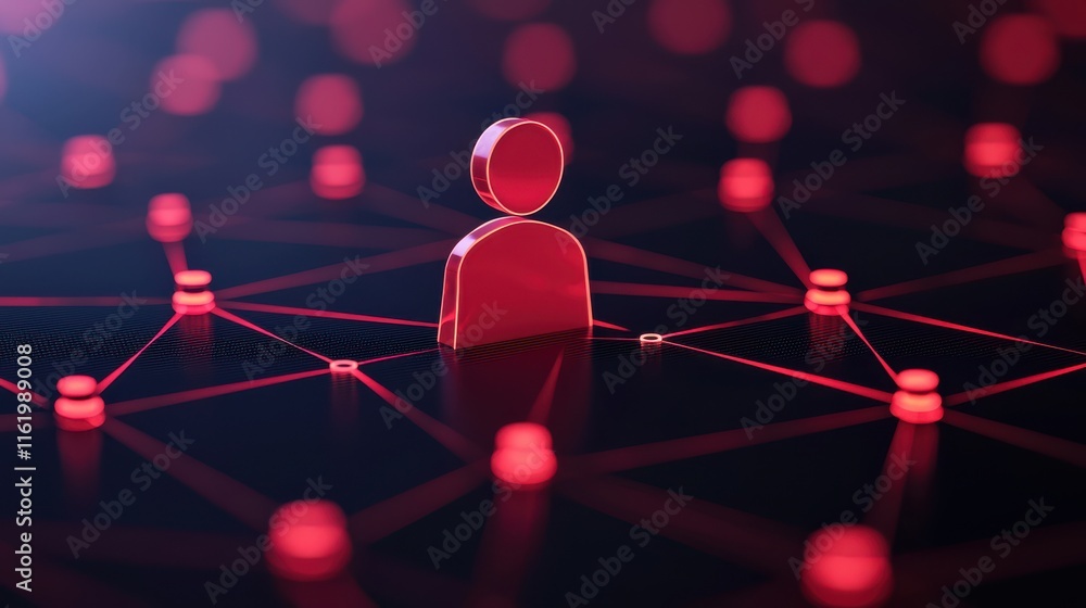 Poster luminous figure symbolizing leadership stands out in network of red nodes, representing connection a