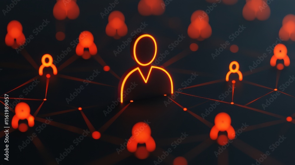 Poster luminous figure symbolizing leadership stands out among interconnected nodes, representing networkin