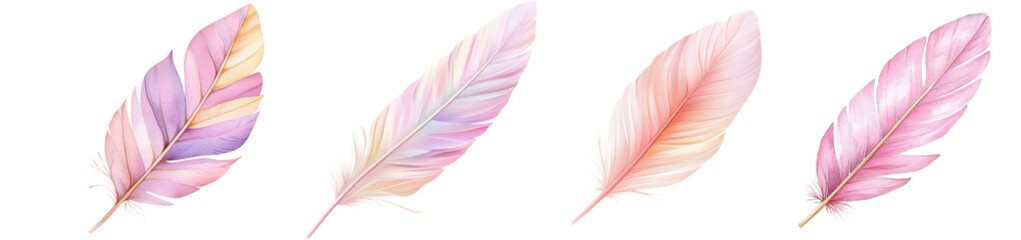 Four pastel-colored watercolor feathers in soft hues, symbolizing delicacy, creativity, and natural elegance.


