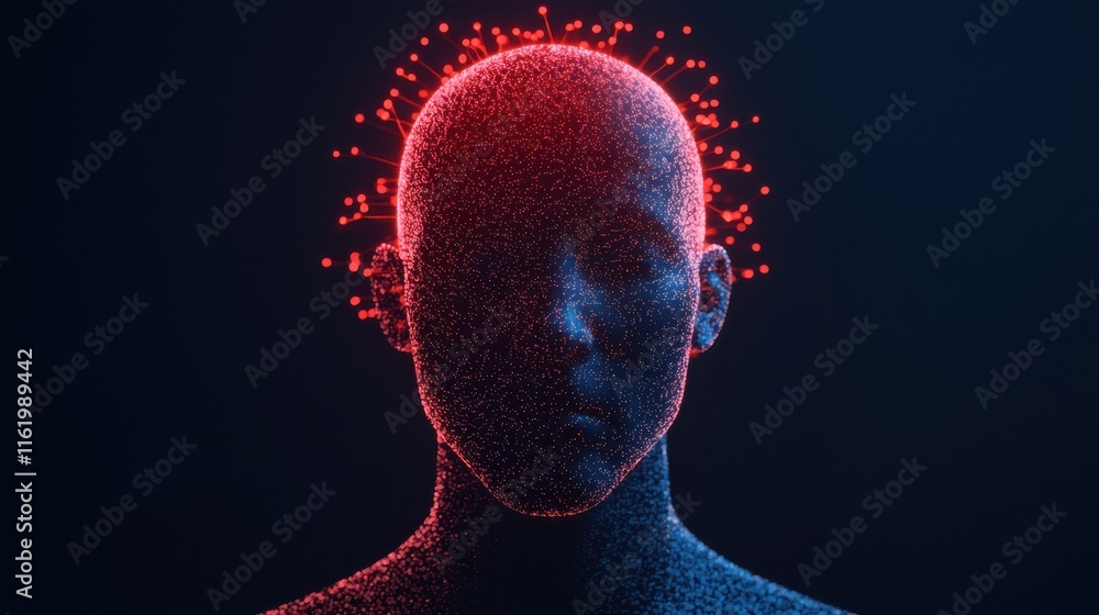Poster digital representation of human figure with glowing red and blue design, symbolizing interconnectedn