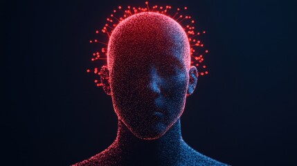 digital representation of human figure with glowing red and blue design, symbolizing interconnectedness and innovation. figure head features network of luminous points, evoking sense of technology