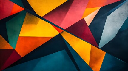 Colorful angular shapes interlocking with deep shadows forming striking patterns on a surface