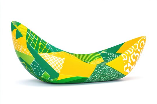 A colorful, curved seating design featuring geometric patterns and vibrant colors.
