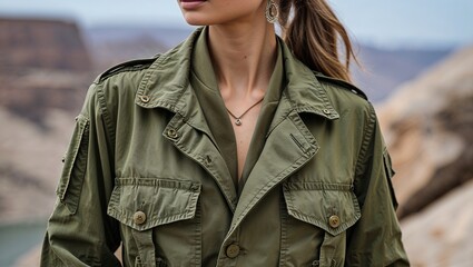 A close-up of a green military jacket showcasing its rugged texture and classic design, perfect for fashion or utility themes