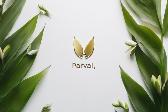 A minimalist logo design surrounded by green leaves and buds on a white background.