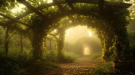 Sunlit path through mystical vine-covered arches in a foggy garden.