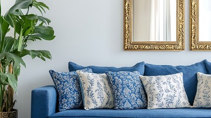 Blue Sofa With Decorative Pillows and Gold Mirrors