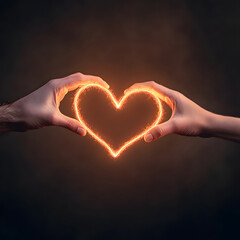 Fototapeta premium glowing heart shape formed by two hands symbolizes love and connection, radiating warmth and emotion in dark background