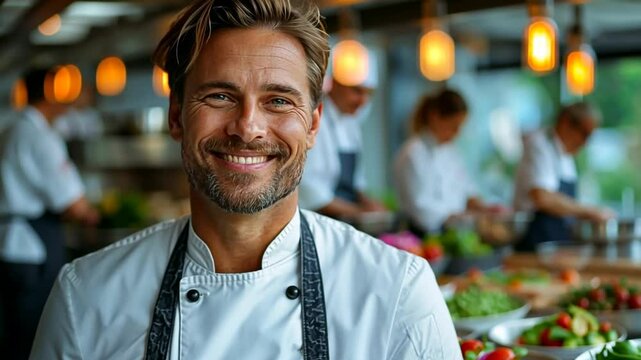 Chef showcases culinary skills in a vibrant kitchen filled with fresh ingredients and talented staff