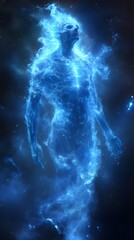 Ethereal blue fire spirit figure in dark space.