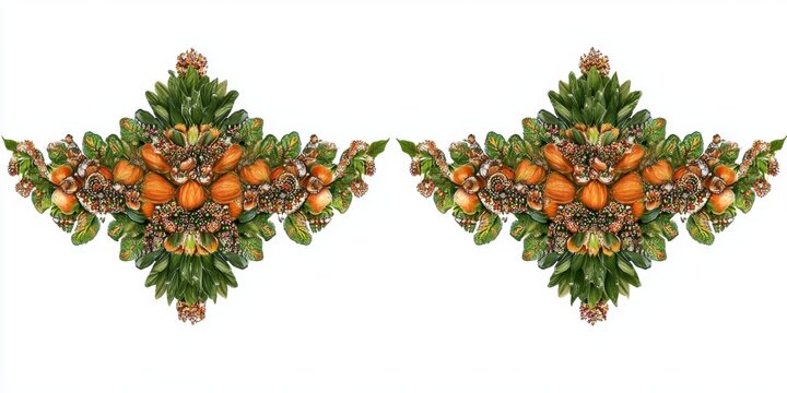Symmetrical arrangement of fruits and leaves, creating a decorative pattern.