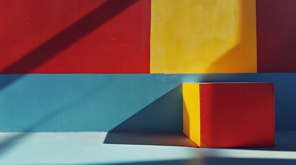 Bold geometric shapes in vibrant hues casting strong shadows onto a minimalist surface