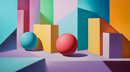 Geometric shapes in vivid hues interlocking with sharp shadows creating dynamic depth on the surface