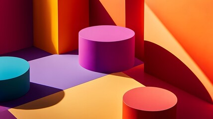 Geometric shapes in vivid hues interlocking with sharp shadows creating dynamic depth on the surface