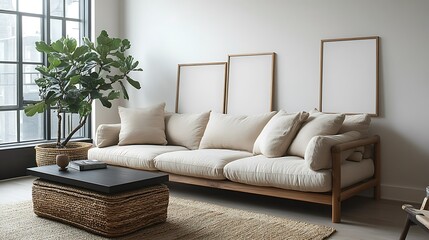 Fototapeta premium Minimalist living room interior with beige sofa, coffee table, plant, and empty frames on wall.