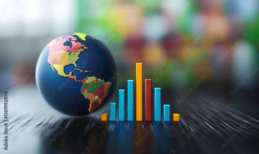 Aufkleber a globe beside colorful bar graphs on a wooden surface, symbolizing global data analysis and financi