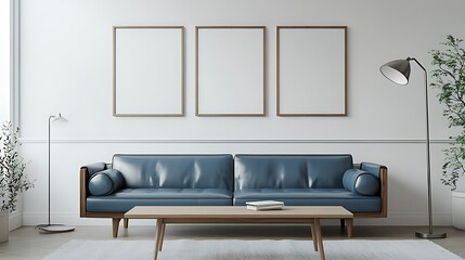Modern living room interior with blue sofa, wooden coffee table, three blank frames, and floor lamps.