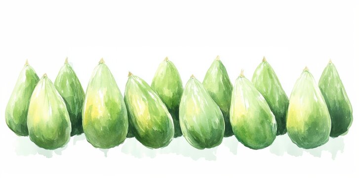 A row of green parvals arranged neatly on a white background.