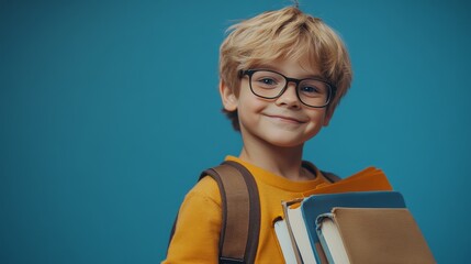 Portrait of a smart blond schoolboy in glasses 8-10 years old with textbooks and a school bag on his shoulders looking at the camera with a smile, studio blue background, copyspace