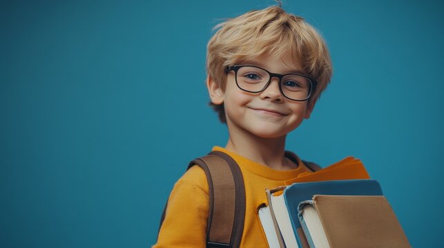Portrait of a smart blond schoolboy in glasses 8-10 years old with textbooks and a school bag on his shoulders looking at the camera with a smile, studio blue background, copyspace