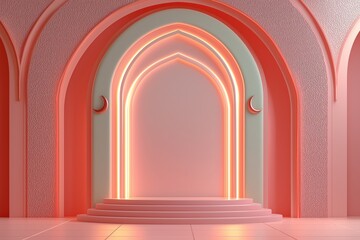 Fototapeta premium Illuminated Pink Archway with Crescent Moons and Platform