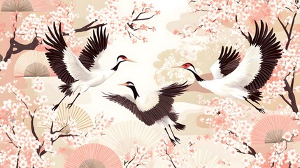 Obraz premium Three Elegant Cranes Soaring Amidst Cherry Blossoms