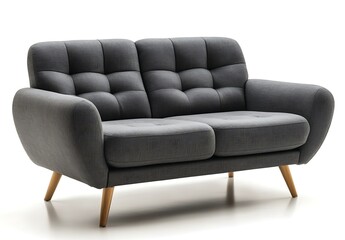 Fototapeta premium Modern gray fabric sofa with wooden legs isolated on white background.