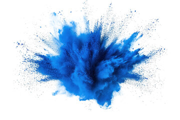 a vibrant blue powder explosion against a transparent background the powder is scattered and suspended in mid-air. creating a dynamic and energetic composition