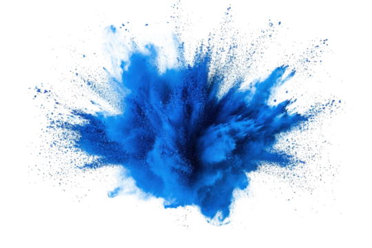 a vibrant blue powder explosion against a transparent background the powder is scattered and suspended in mid-air. creating a dynamic and energetic composition