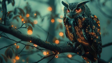 Cybernetic owl perched on a branch at night, glowing lights.