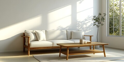 Fototapeta premium Sunlit living room with wooden sofa, coffee table, and plant.