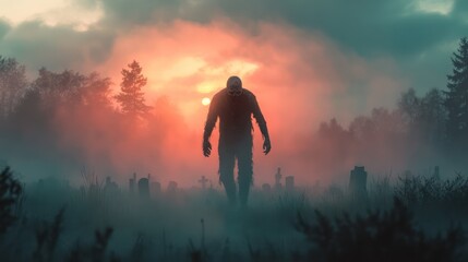 Obraz premium The haunting figure of a zombie emerging from a misty graveyard at dusk.