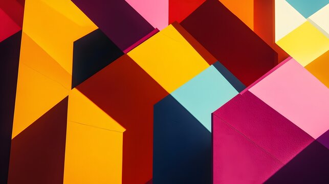 A combination of vibrant geometric shapes interlocking with shadows that create complex shapes on the surface