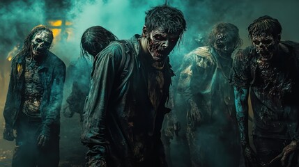 Fototapeta premium A chilling post-apocalyptic scene of a zombie outbreak captured with dramatic lighting and eerie detail. 