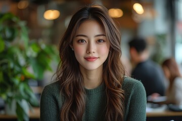 Obraz premium A woman with long brown hair is sitting at a table in a restaurant. Generative AI