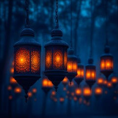 Fototapeta premium Illuminated lanterns hanging in a misty forest at night.