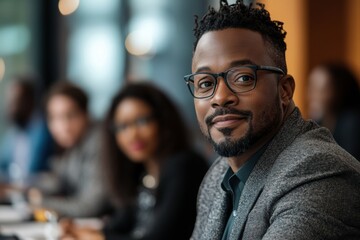 Fototapeta premium African American businessman leading a corporate meeting, Generative AI