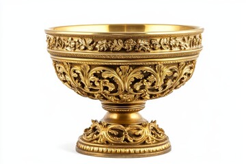Ornate golden bowl on pedestal, detailed carvings.