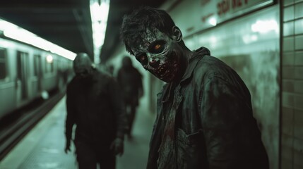 Fototapeta premium A terrifying encounter with zombies on a dimly lit subway platform. 
